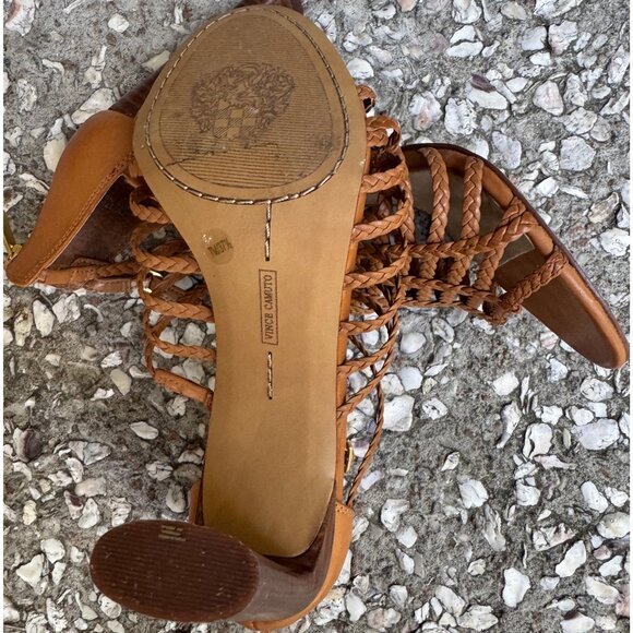 Vince Camuto Braided Leather Block Heel Sandals Tan Size 7M Boho Chic - Picture 5 of 7